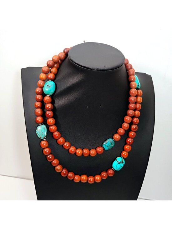 Peyote Bird Designs Jewelry - Signed Peyote Bird Designs Turquoise Nugget & Wood Bead Extra Long Necklace 36"